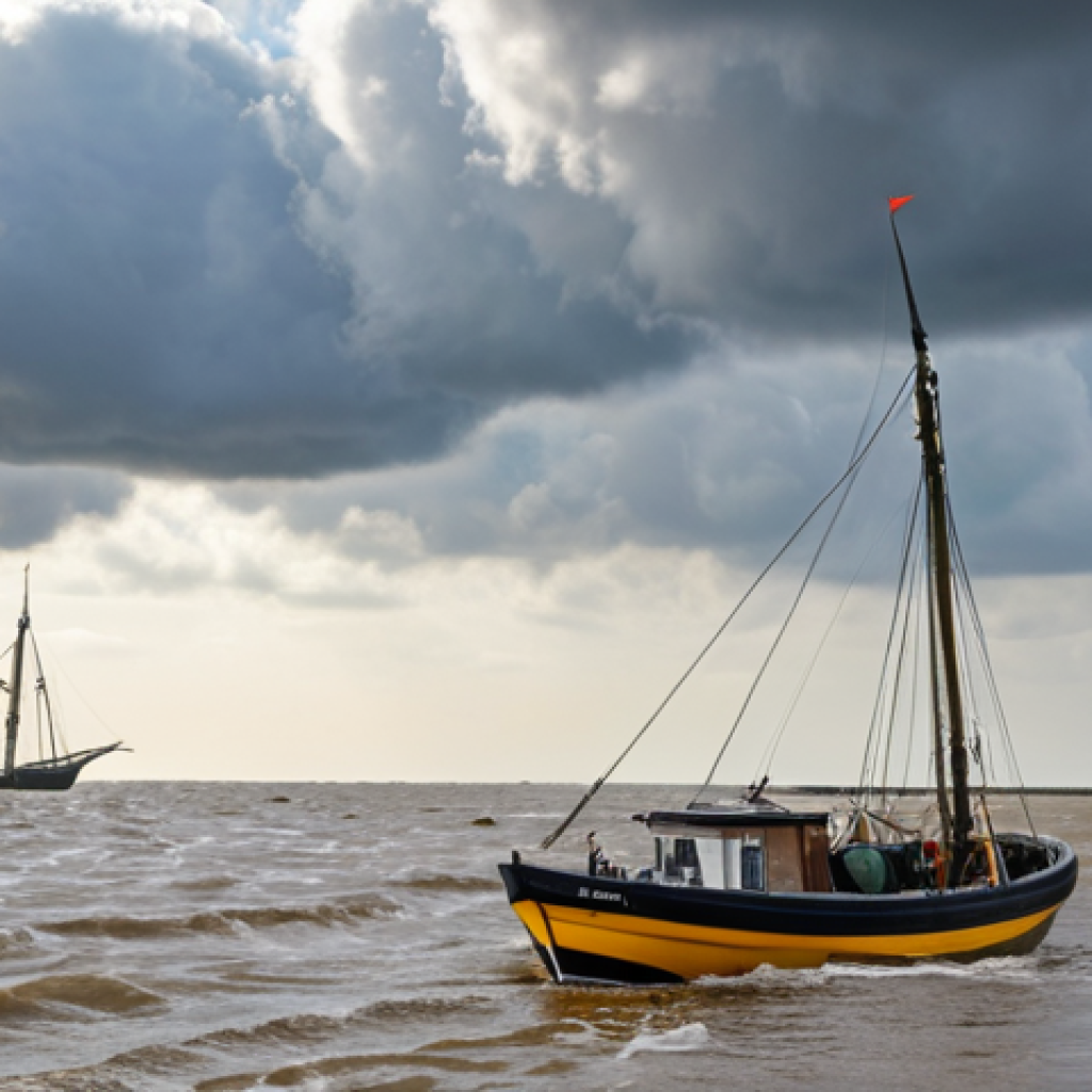**

A drone flying over the Wadden Sea, equipped with sensors, capturing data on plastic pollution near a mussel bank. Focus on the Dutch coastline scenery with typical cloudy skies. In the background, show a traditional Dutch sailing boat ('platbodem'). Emphasize the contrast between modern technology and the natural beauty of the Dutch coast.

**