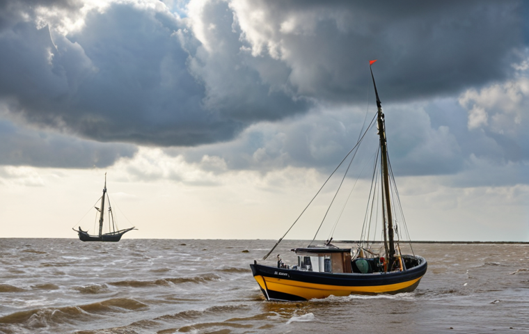 **
A drone flying over the Wadden Sea, equipped with sensors, capturing data on plastic pollution near a mussel bank. Focus on the Dutch coastline scenery with typical cloudy skies. In the background, show a traditional Dutch sailing boat ('platbodem'). Emphasize the contrast between modern technology and the natural beauty of the Dutch coast.
**