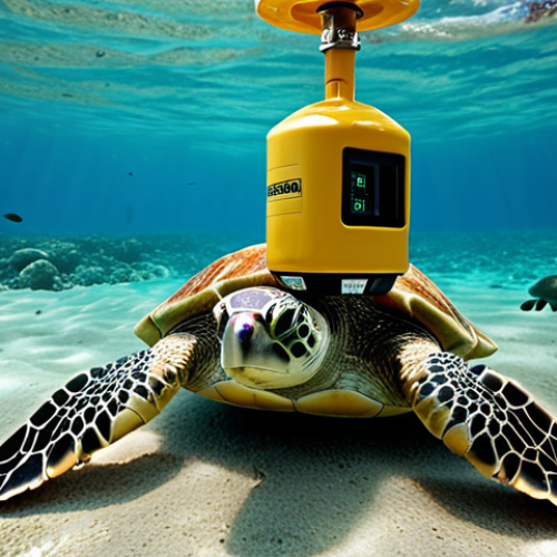 Home 6 ** Smart buoy in ocean, sensors measuring water quality, sea turtle swimming nearby, data being transmitted. Focus on technology and marine life.
**