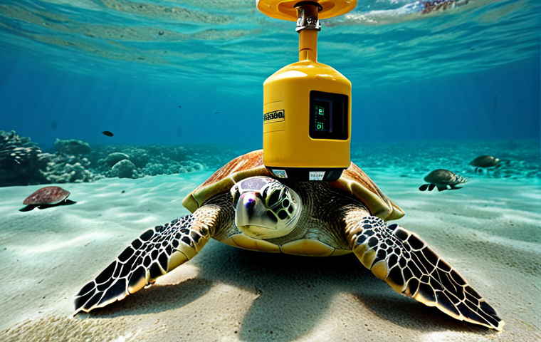 ** Smart buoy in ocean, sensors measuring water quality, sea turtle swimming nearby, data being transmitted. Focus on technology and marine life.
**