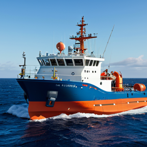 Home 10 **Research Vessel at Sea:** "A modern research vessel at sea, equipped with seismic equipment, deploying a Vibroseis source. The vessel is surrounded by calm, deep blue water under a clear sky. Fully clothed crew members are visible on deck. Safe for work, appropriate content, fully clothed, professional, perfect anatomy, natural proportions, high quality, ocean environment."